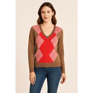 Preppy Retro Argyle Knit Sweater Brown Pink Red V-Neck IZOD Medium
